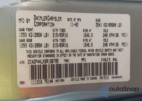 2003 Chrysler Town & Country Lx из США, поврежденный, VIN 2C4GP44LX3R198795